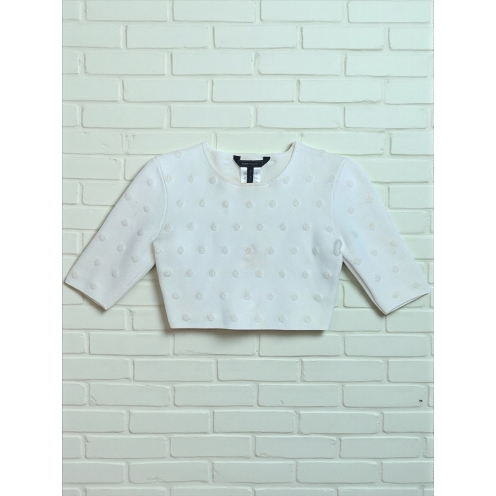 BCBGMaxAzria Women Small Off-White Aryen Textured Polka Dot Cropped Sweater FLAW